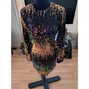 Medium Black Multicolor Sequin Bodycon Dress Stretch Mini Rear Zip Party Club